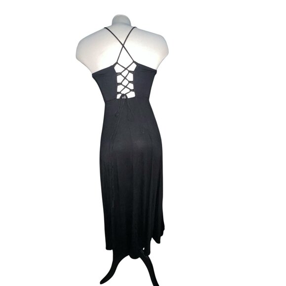 Halara Ribbed Cowl Neck Backless Crisscross Lace Up Split Midi Party Dress Sz Sm - Picture 2 of 14
